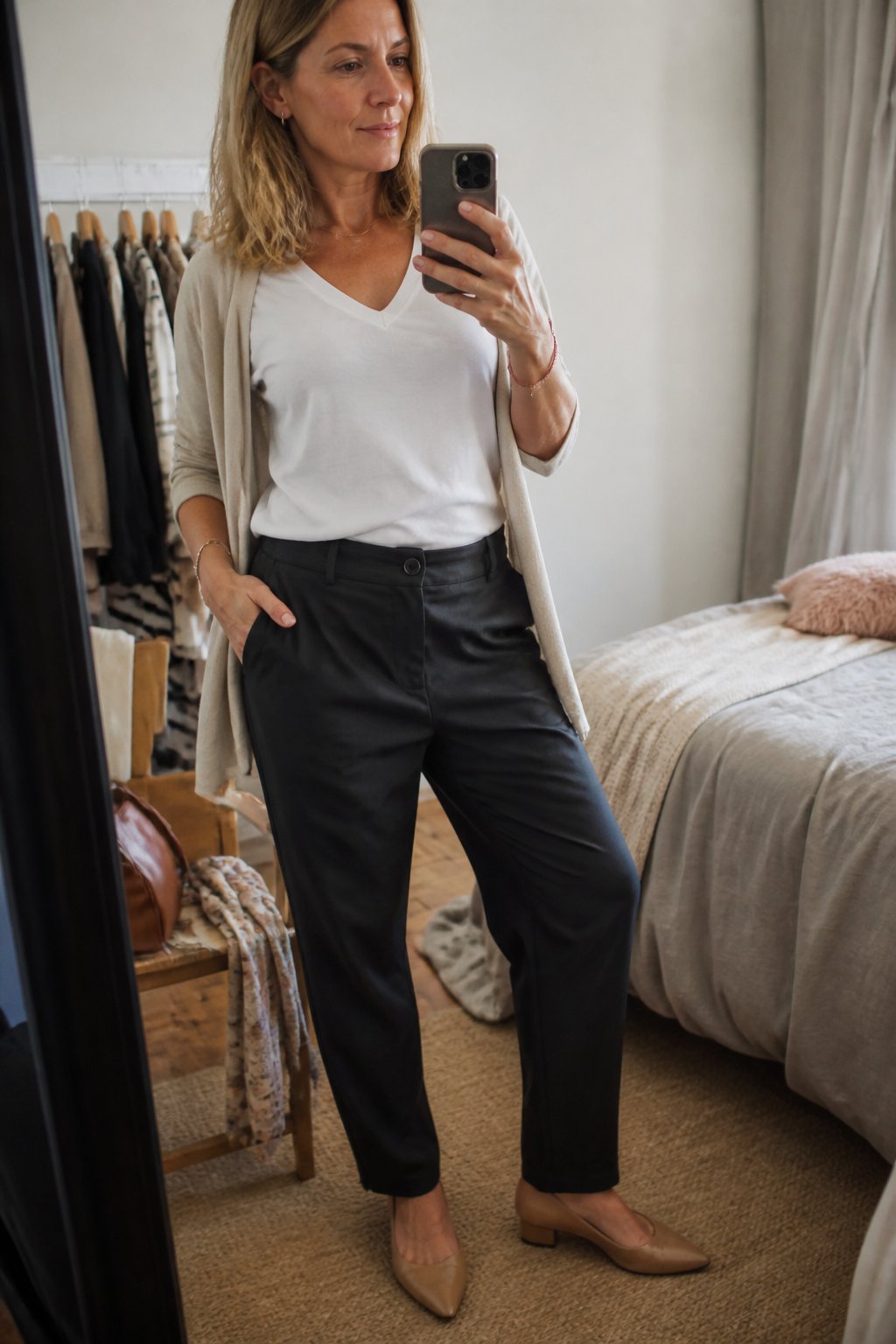 A woman adjusting her outfit in a cozy bedroom, surrounded by natural fabrics and casual styling tools.