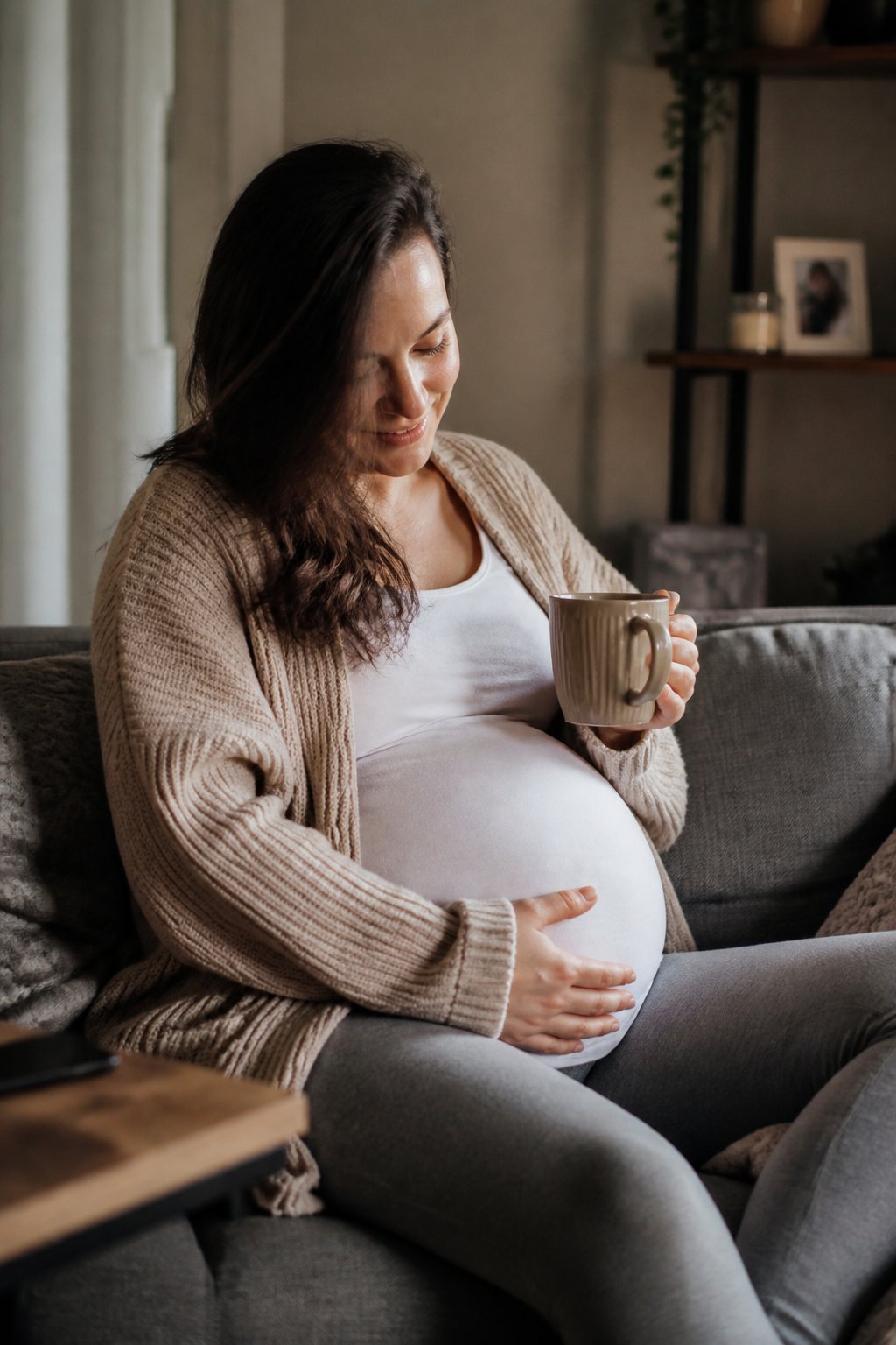 A pregnant woman wearing a comfortable outfit sits casually indoors, gently holding her belly with a warm cup nearby.