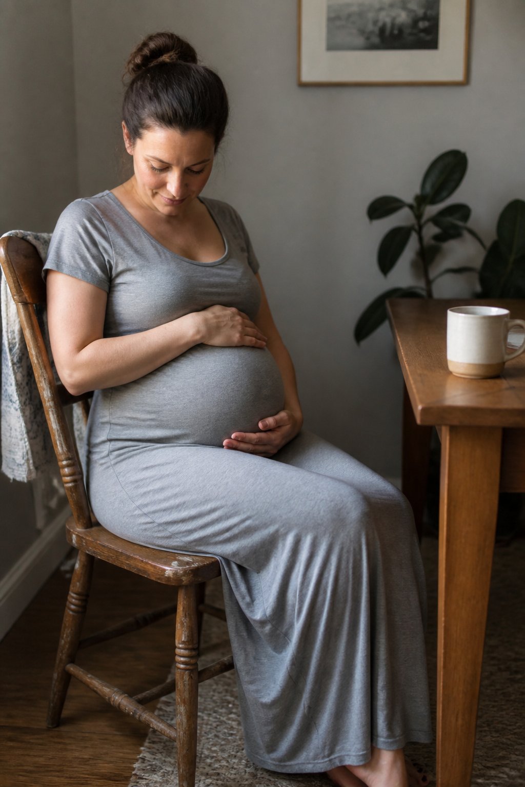 Pregnant woman wearing a soft maternity jersey maxi dress sitting in a casual home setting with natural daylight and simple household objects nearby.