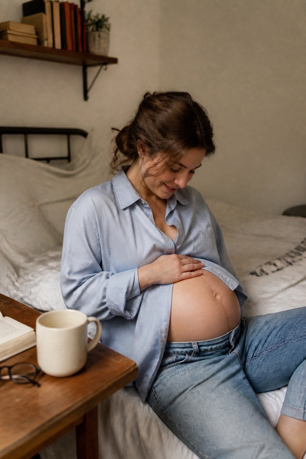 Pregnant woman wearing an oversized button-down shirt and bump-friendly jeans in a cozy home setting, softly lit by natural daylight.
