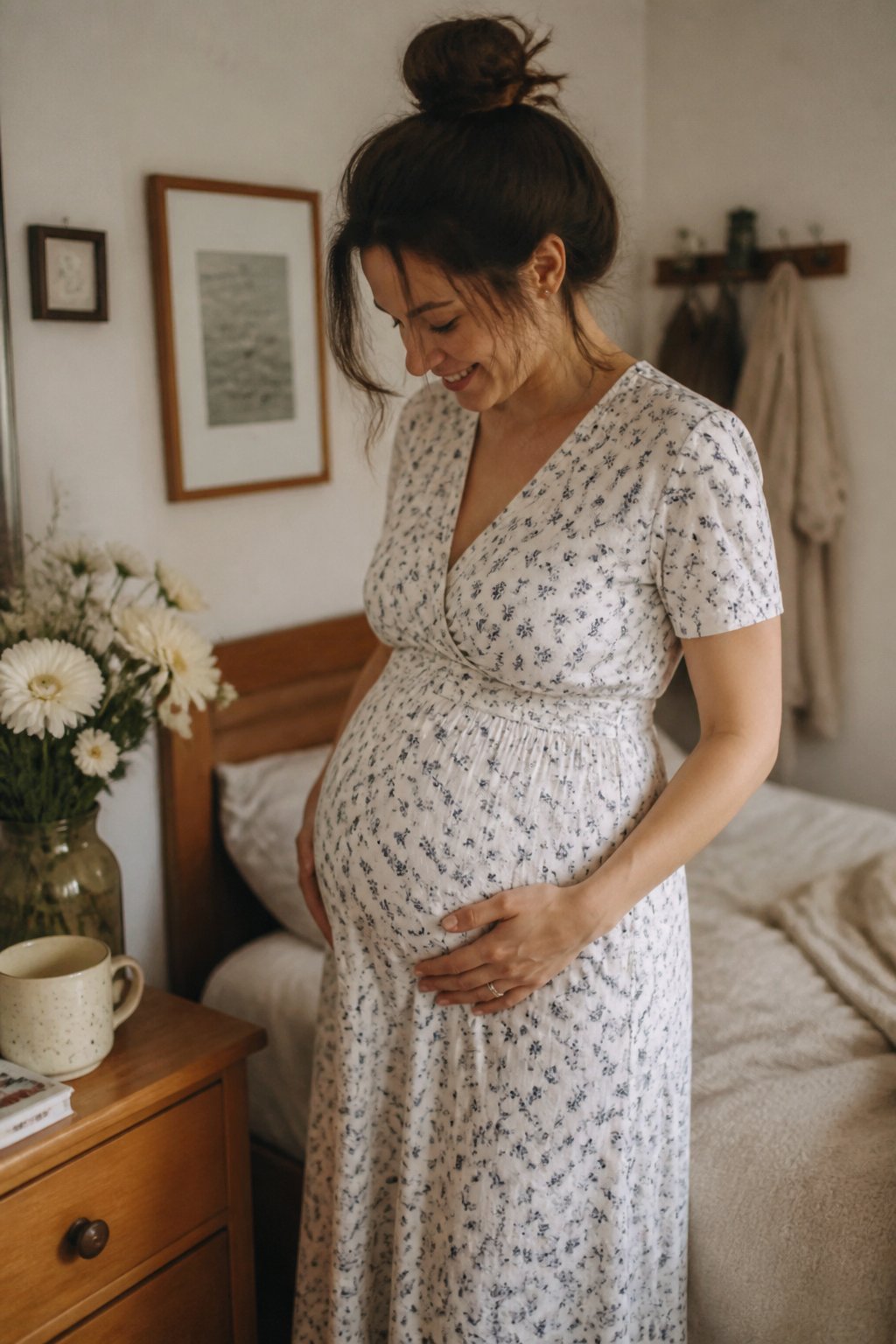 A pregnant woman wearing a breathable cotton wrap maternity dress in a cozy home setting with soft daylight and everyday objects around her.