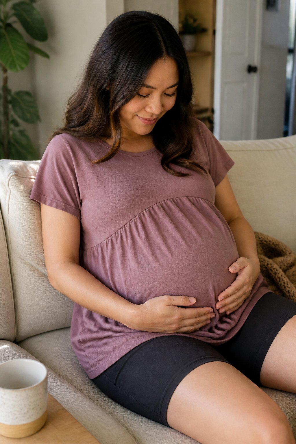 A pregnant woman wearing an empire-waist tunic and maternity bike shorts sits indoors with natural light coming through a window, her hands resting on her belly surrounded by casual home objects.