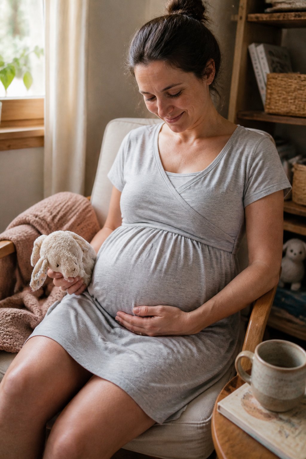 A pregnant woman wearing a comfortable nursing-friendly maternity T-shirt dress sits in a cozy home environment, gently holding a baby item with natural daylight coming through a window.