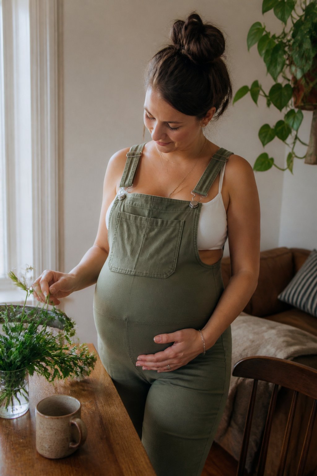A pregnant woman wearing stretchy maternity overalls in a softly lit room, gently touching her belly while seated at a wooden table with everyday objects nearby.
