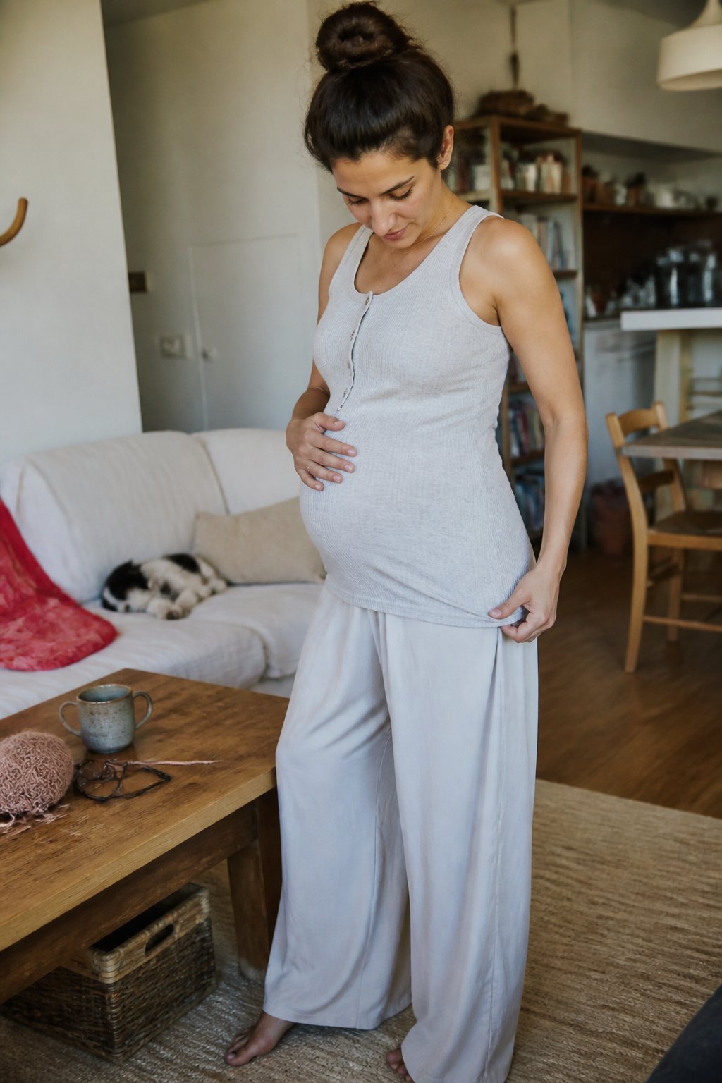 Pregnant woman wearing a ribbed tank top and palazzo pants in a cozy home setting, softly lit by natural daylight, casually posed with everyday objects around her.