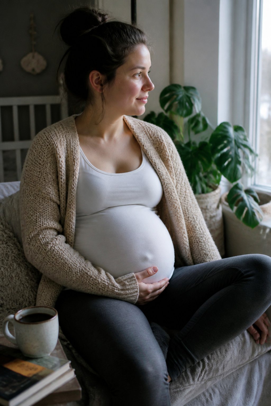 A pregnant woman wearing a knit maternity midi cardigan over a tank top and leggings, sitting comfortably in a softly lit room with natural daylight and casual surroundings.