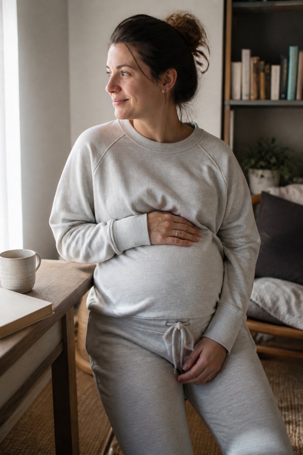 Pregnant woman wearing a maternity sweatshirt and joggers sitting comfortably in a softly lit room with natural daylight.
