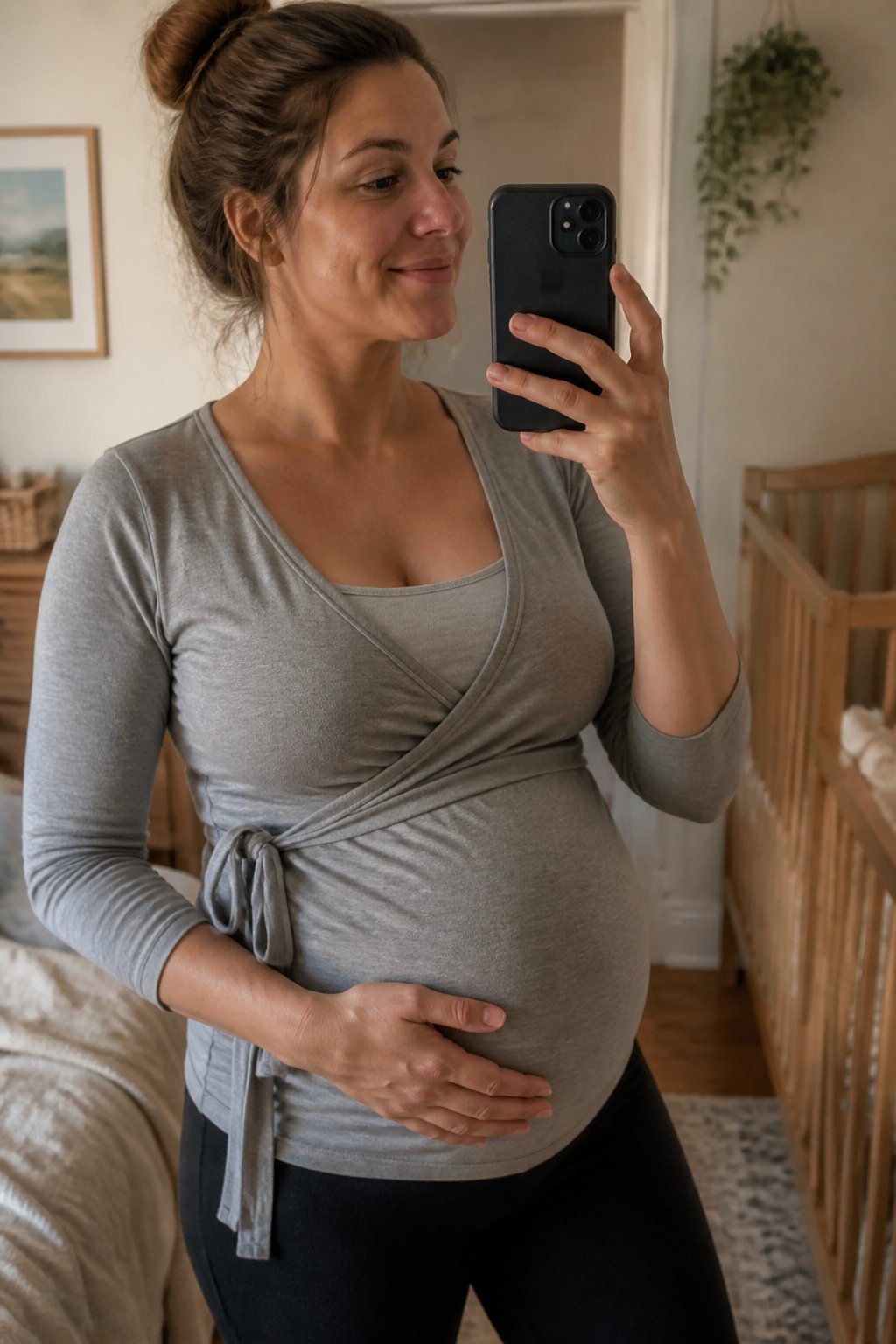 A pregnant woman wearing a maternity wrap top with a supportive bandeau, sitting in a softly lit room with natural daylight and casual household items nearby.
