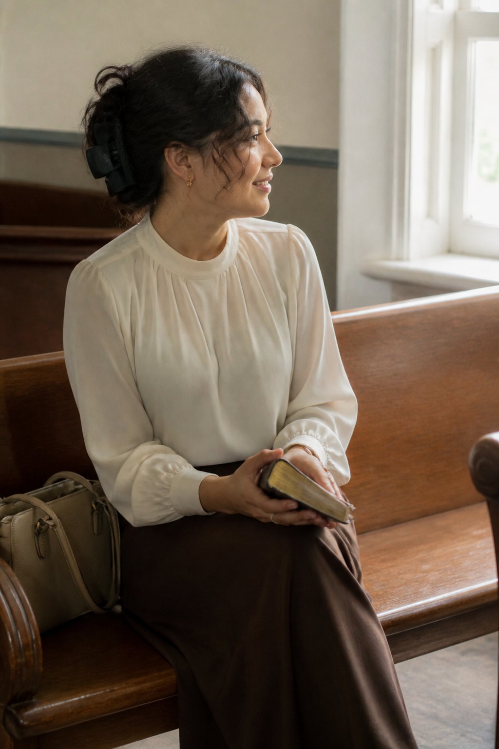 A person wearing a modest church outfit stands or sits in a softly lit room with natural daylight, surrounded by simple, everyday objects like a handbag and shoes.