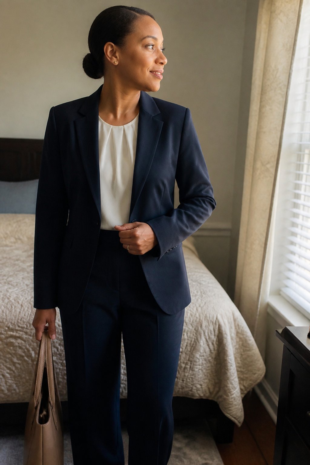 A person wearing a navy blazer over a white blouse and straight-leg trousers, standing or sitting in soft natural daylight with casual, slightly off-center framing.