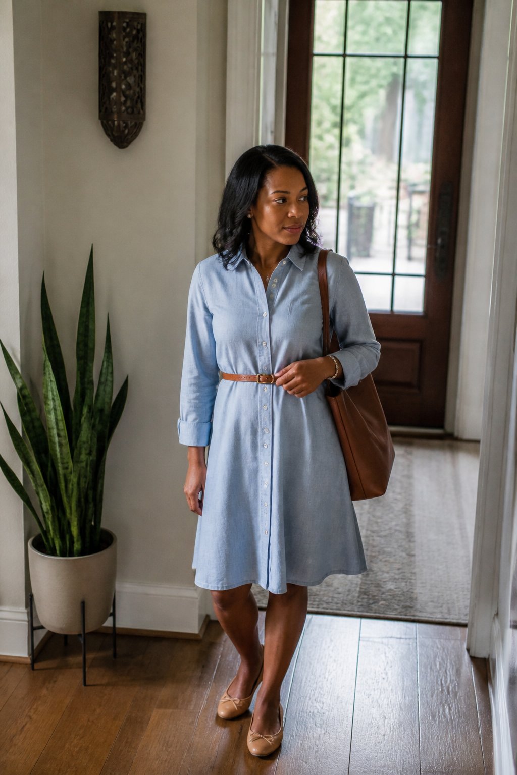 A woman wearing a structured shirt dress with a thin waist belt and ballet flats, standing indoors with natural daylight coming through a window.