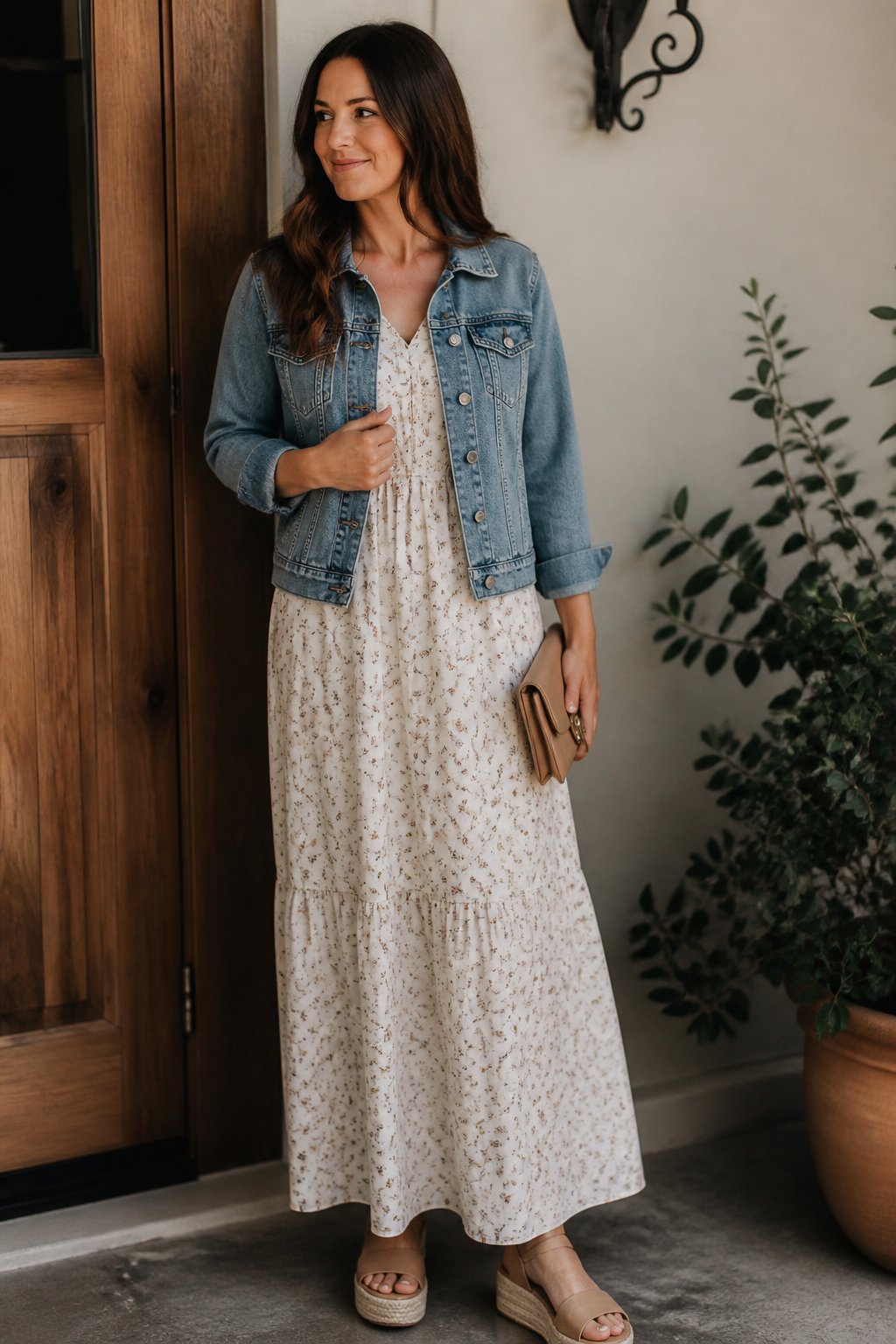 A person wearing a modest maxi dress with a denim jacket and platform espadrilles standing indoors near a window with soft daylight.