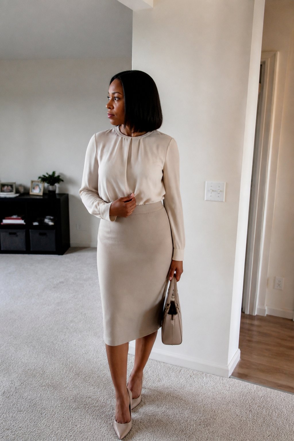 A woman wearing a neutral blouse and pencil skirt with pointed pumps, standing casually in soft daylight with natural shadows and a slightly off-center composition.