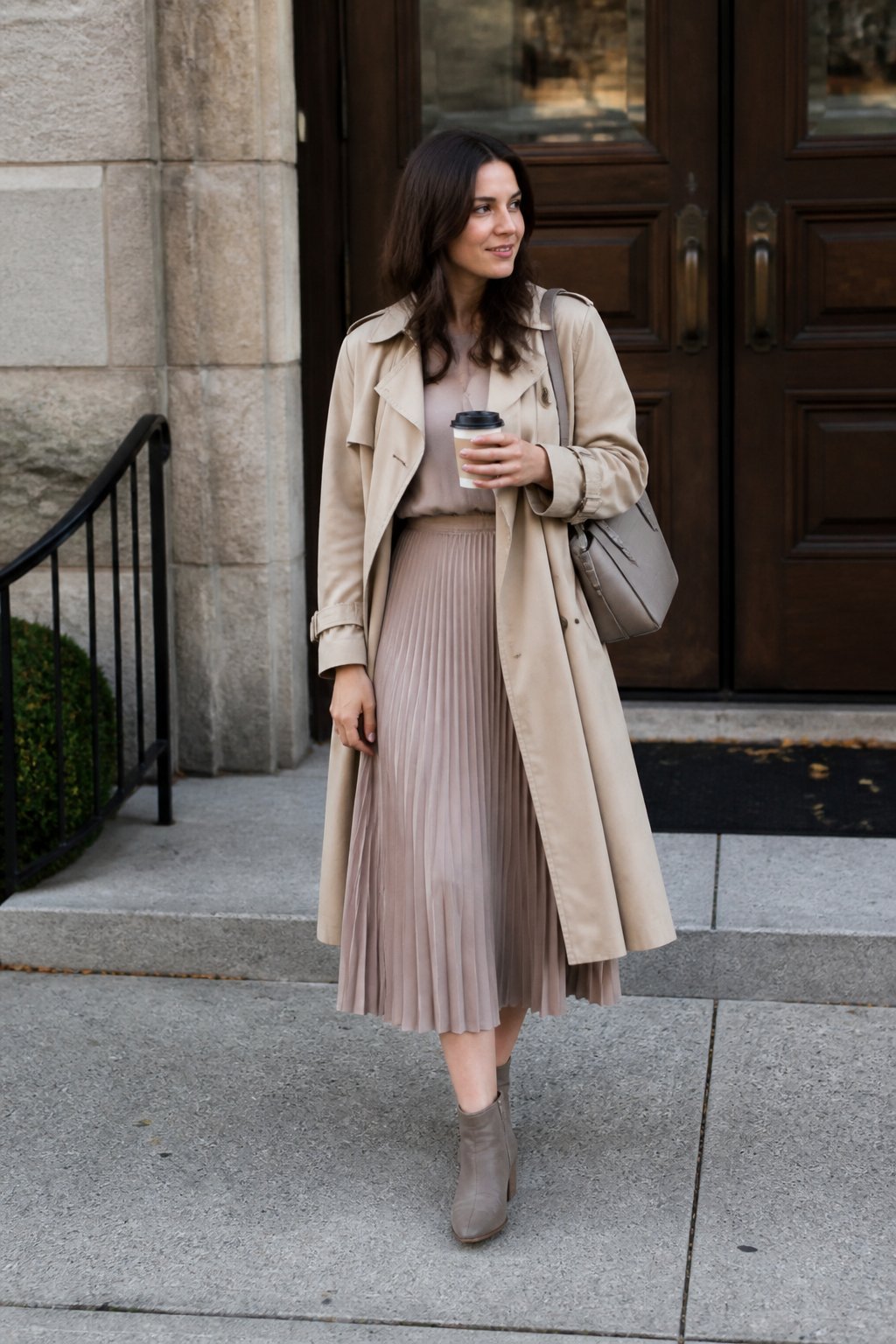A woman standing outdoors wearing a lightweight trench coat over a pleated dress and ankle boots.