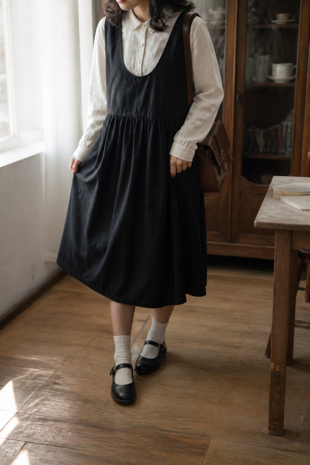 Person wearing a button-up blouse under a sleeveless midi dress with Mary Jane shoes, standing indoors near a window with natural light.
