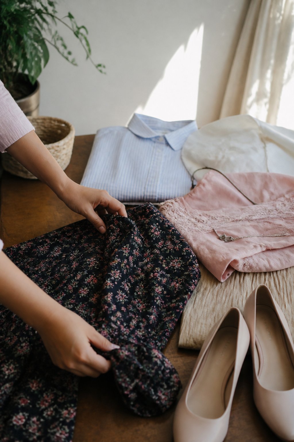 A person adjusting a modest dress on a wooden table with fabric swatches and simple jewelry nearby, softly lit by natural daylight.