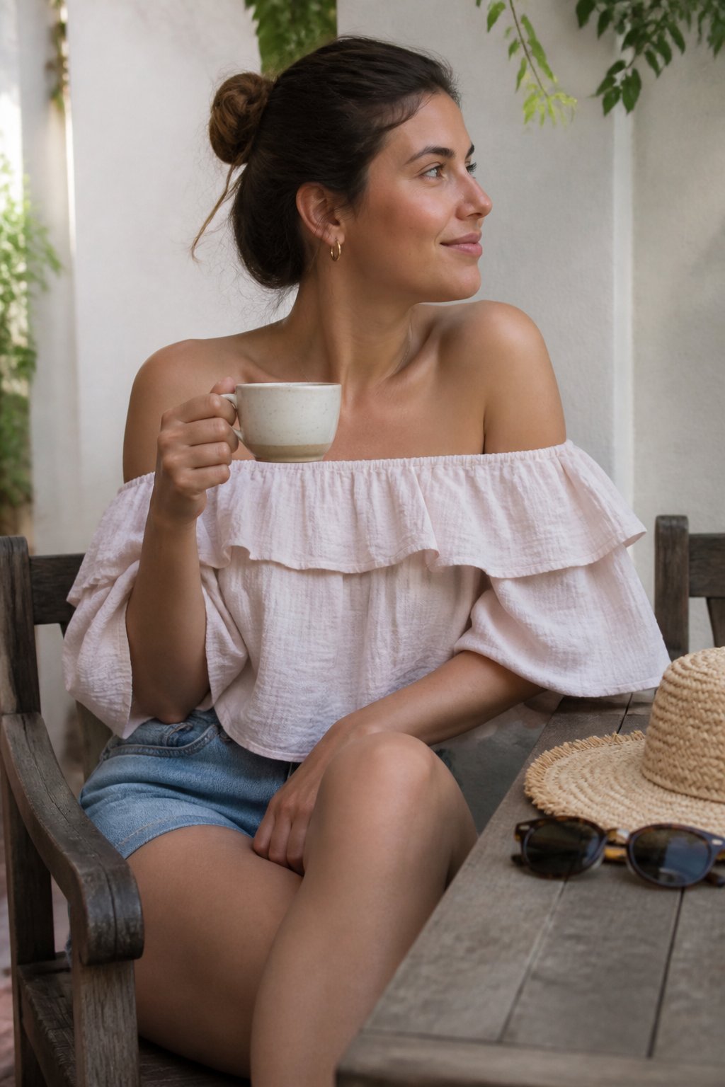 A woman wearing an off-shoulder ruffle blouse sits casually in soft daylight with summer accessories around her.