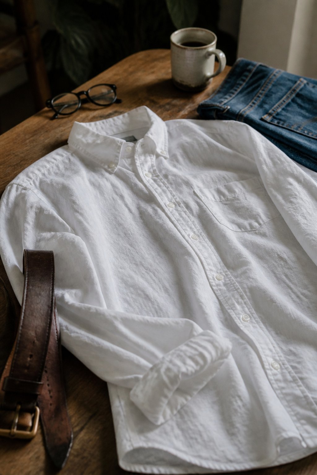A white button-down shirt laid out on a wooden surface with a belt, eyeglasses, folded jeans, and a coffee cup nearby.