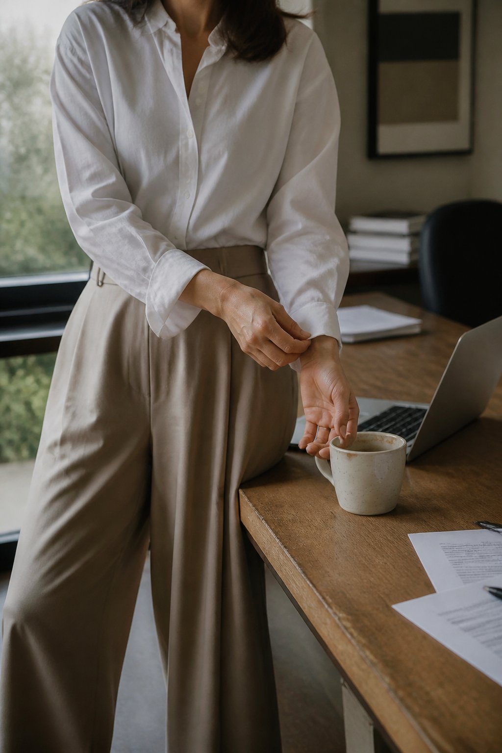 A person wearing a white button-down shirt adjusts their cuff at a wooden desk with a laptop and coffee mug in a bright office.
