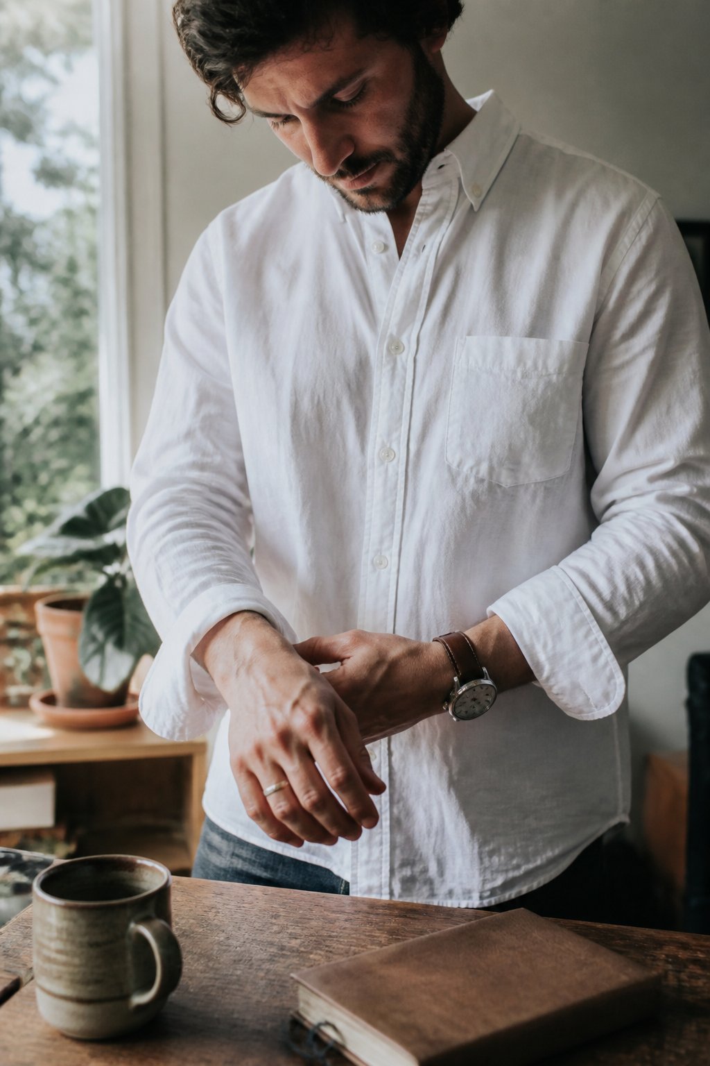 A person wearing a white button-down shirt adjusting their cuff in a softly lit room with natural daylight and casual objects nearby.