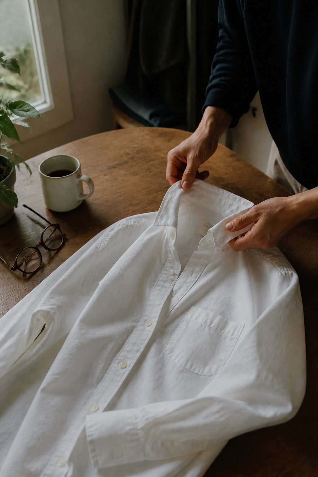 Hands adjusting a white button-down shirt on a wooden table near a window with soft daylight, surrounded by everyday objects like a mug and glasses.