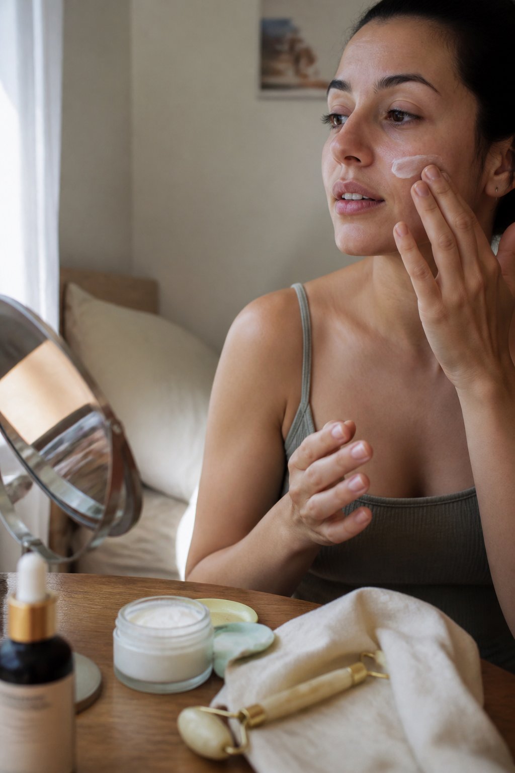 A person applying cream to their face next to a bedside table with skincare products and a wooden facial roller in soft natural daylight.