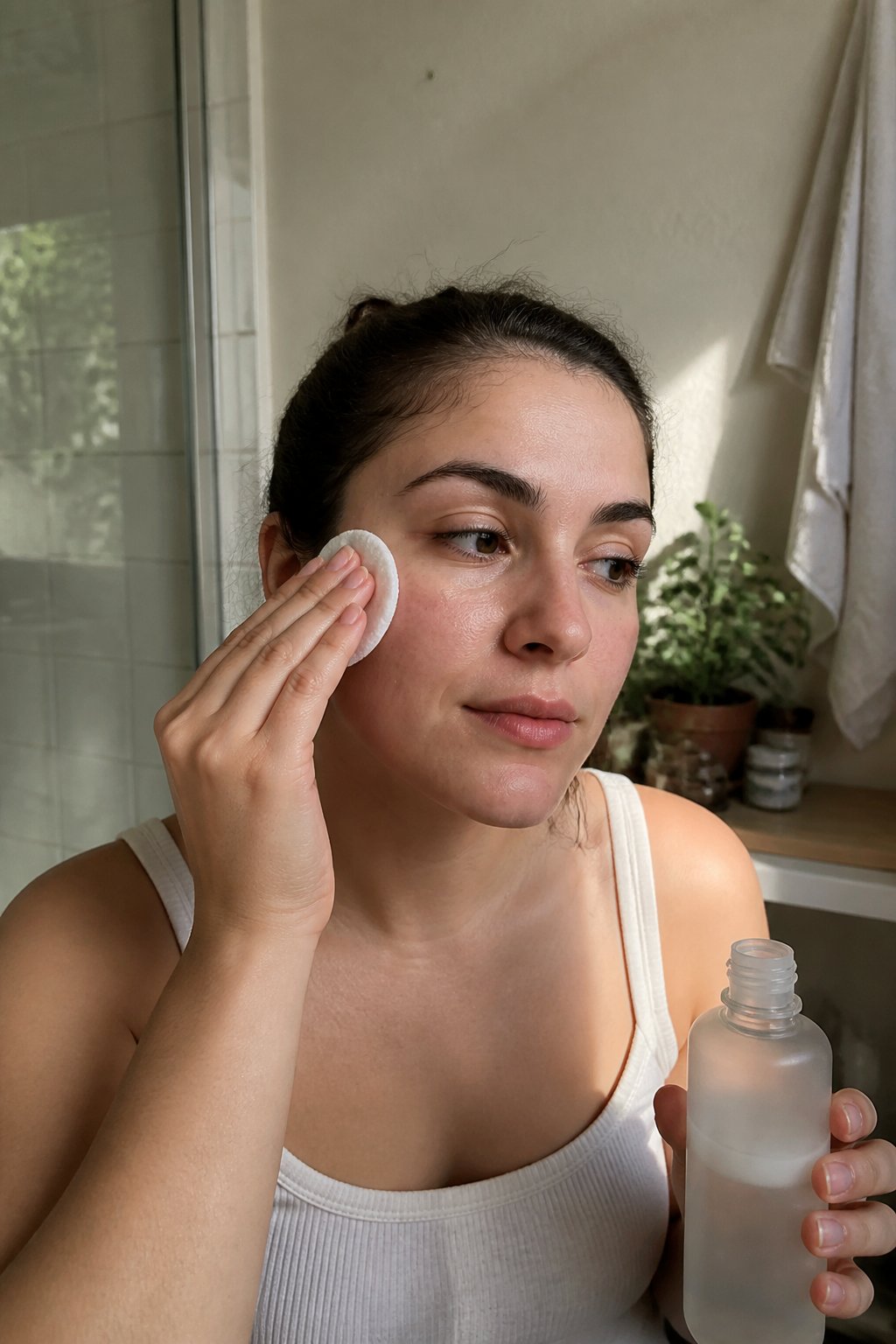 A person applying chemical exfoliating toner to their skin with a cotton pad in a softly lit bathroom setting.