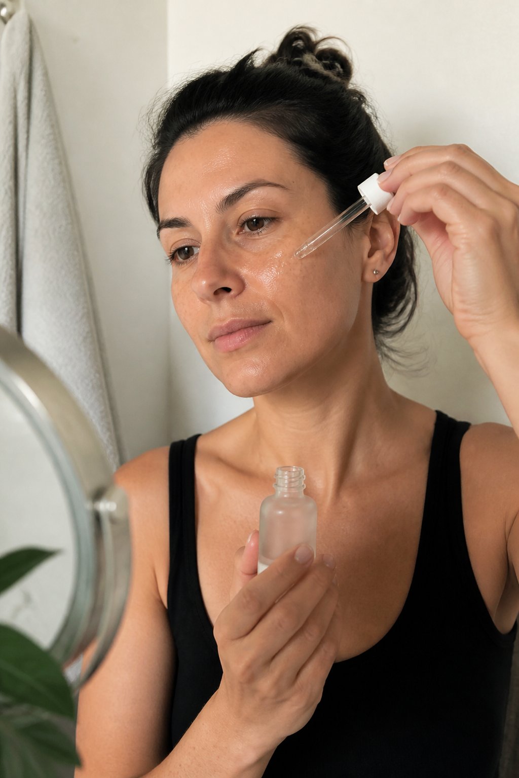 A person applying hydrating serum to their face in a softly lit room with natural daylight.