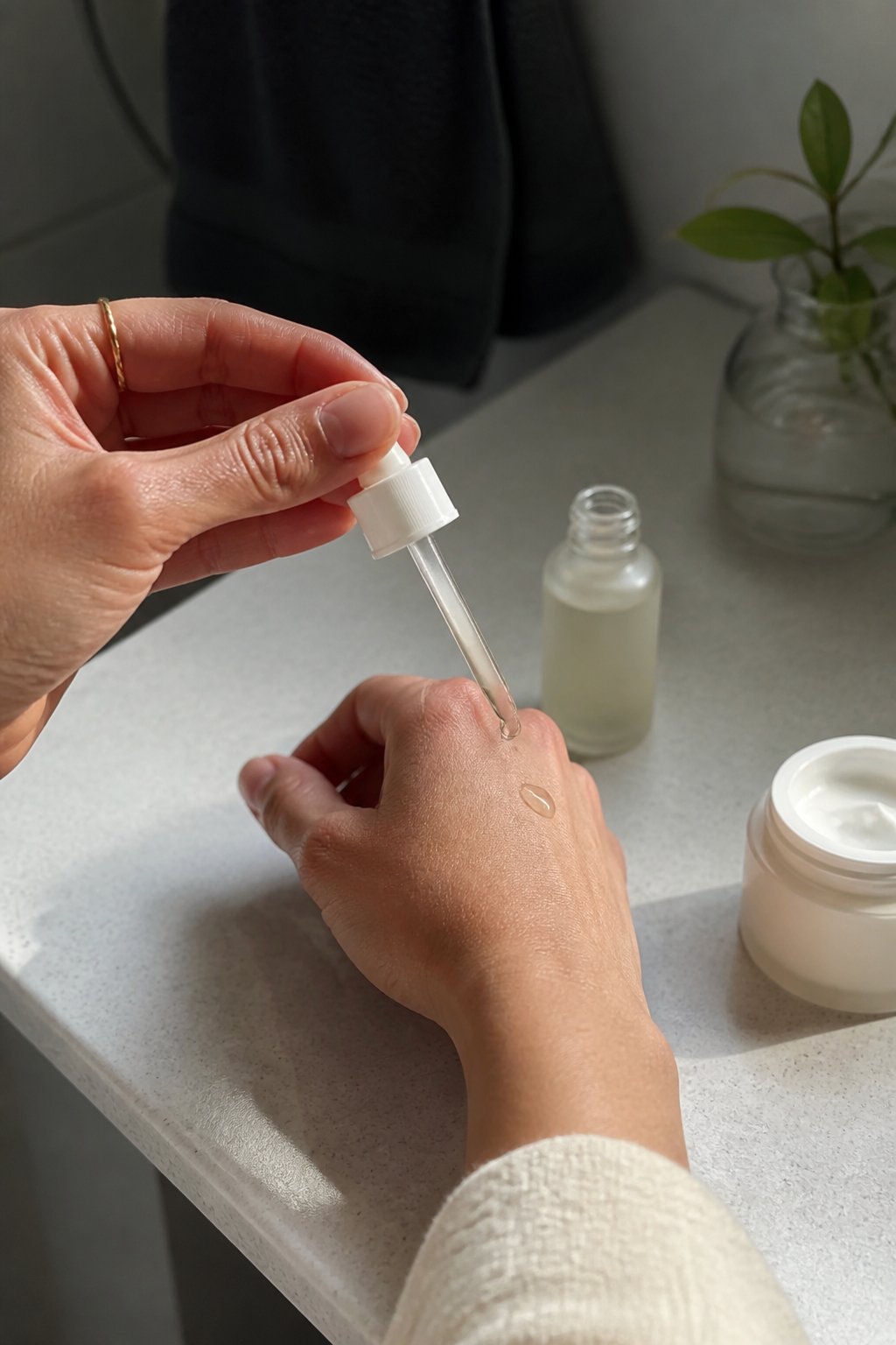 Hands applying a drop of serum onto the back of one hand near an open serum bottle and moisturizer jar on a bathroom surface.