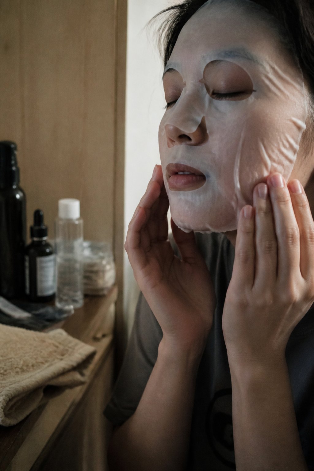 A person applying a hydrating sheet mask on their face in a softly lit room with skincare products and a towel nearby.
