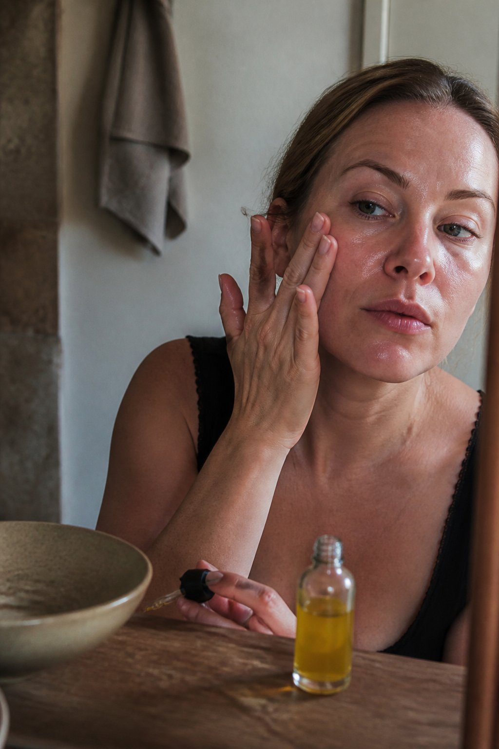 A hand applying facial oil to the skin with a small glass bottle nearby on a wooden surface, softly lit by daylight through a window.