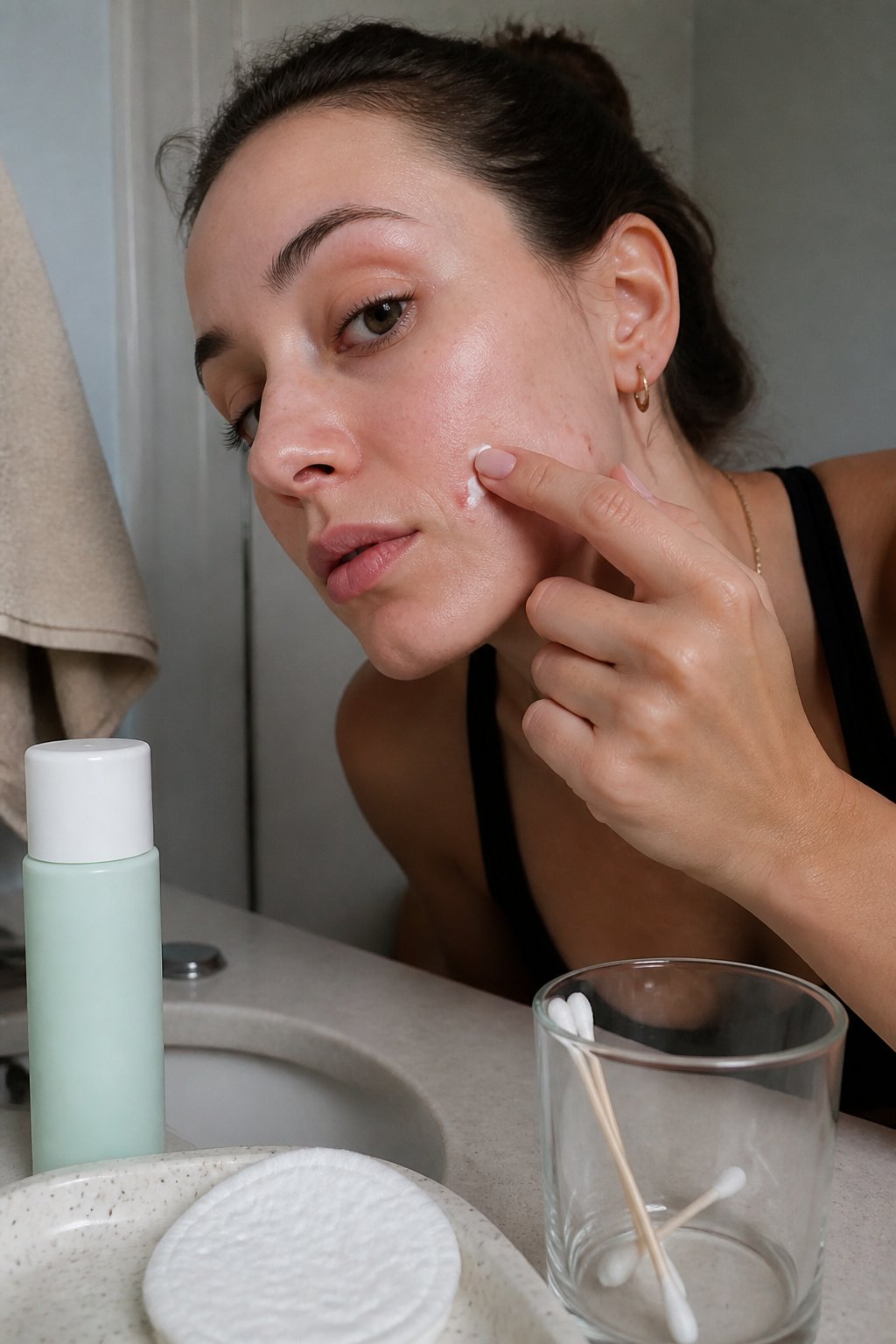 Close-up of a person applying acne treatment cream to their face in a bathroom setting with skincare products on the counter.