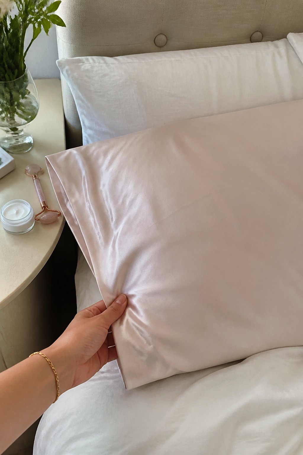 A hand gently touching a silk pillowcase on a bed next to clean skincare tools on a bedside table in soft daylight.