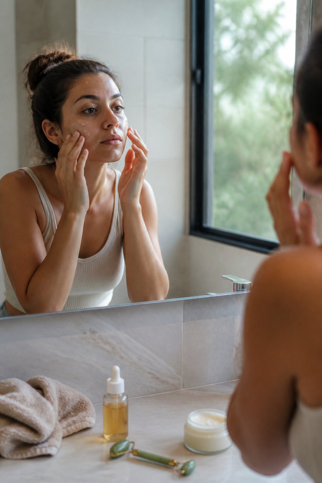 A person applying nighttime skincare serum with natural daylight softly illuminating a bathroom vanity with skincare products and a towel.