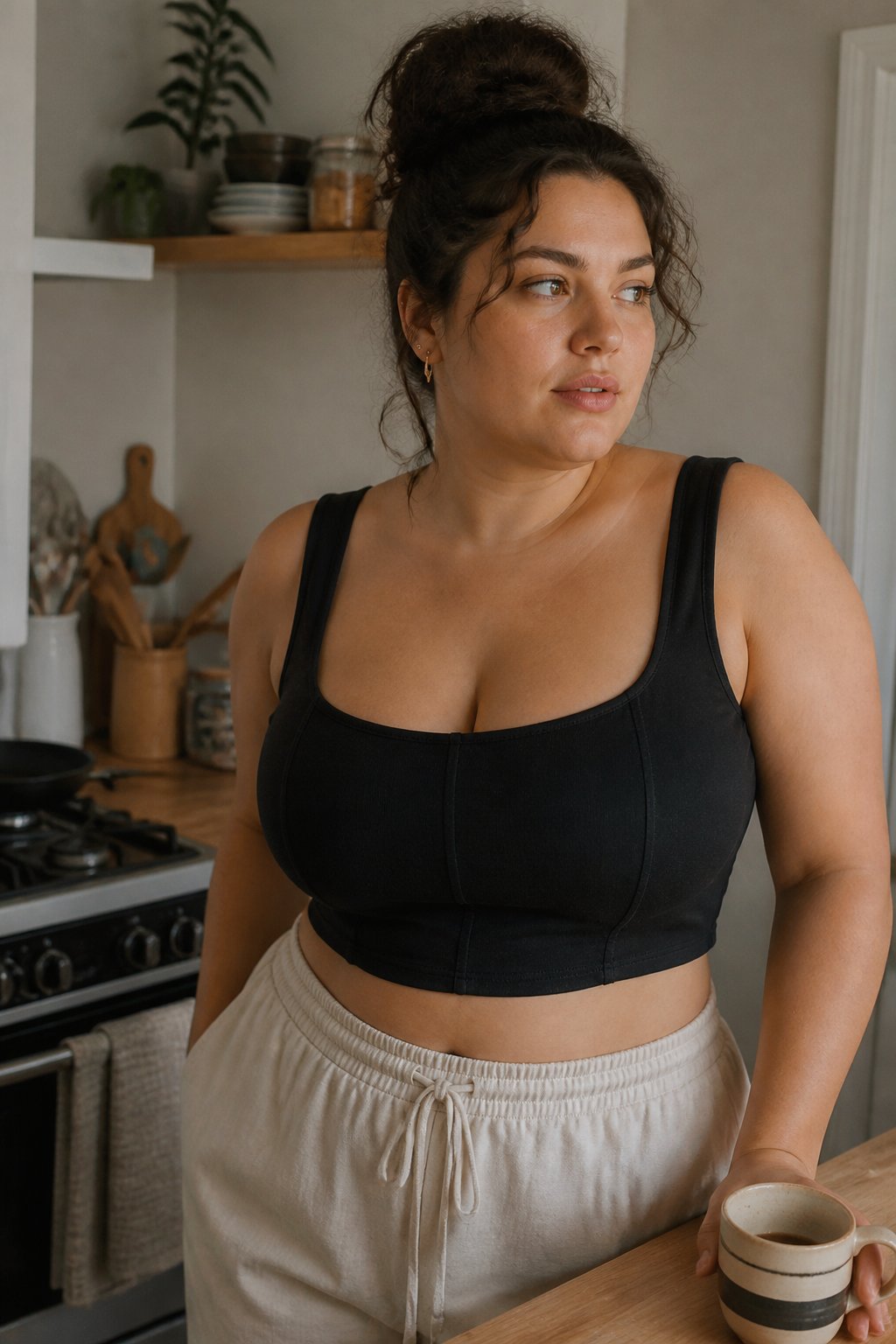 A woman wearing a square-neck crop top with seam details, standing in soft natural daylight with casual surroundings and subtle shadows.