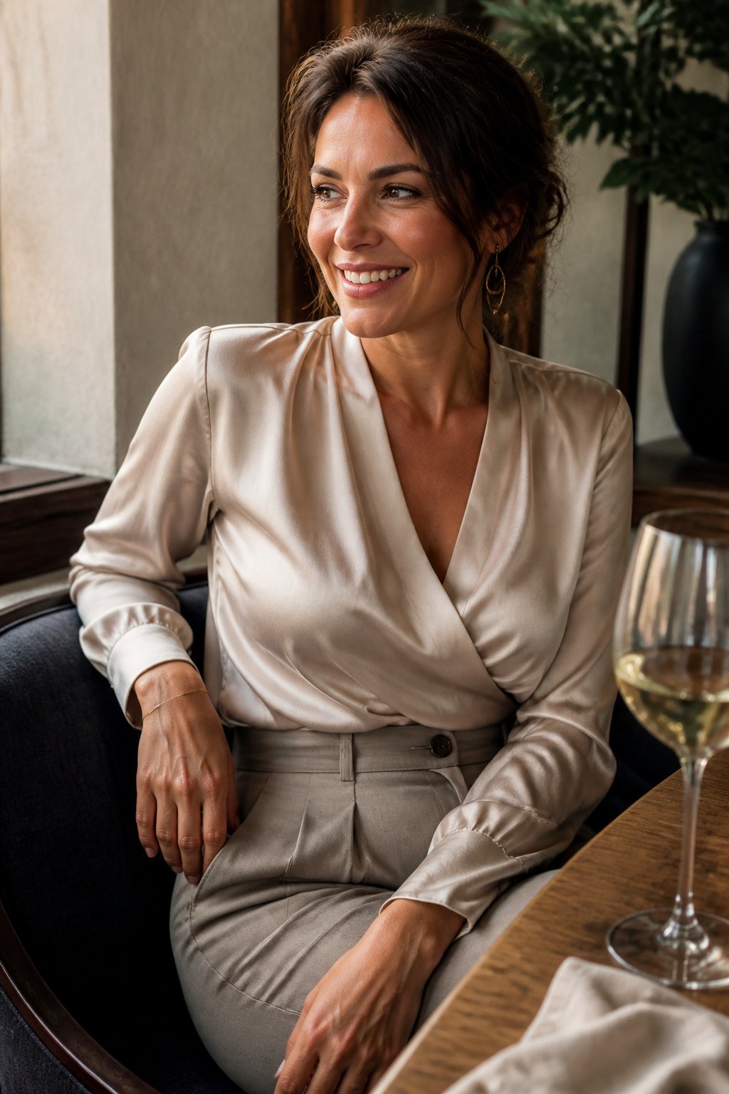 A woman over 40 wearing a silk wrap blouse and high-waist tailored trousers, sitting casually at a wooden table with a glass of wine, bathed in soft daylight.
