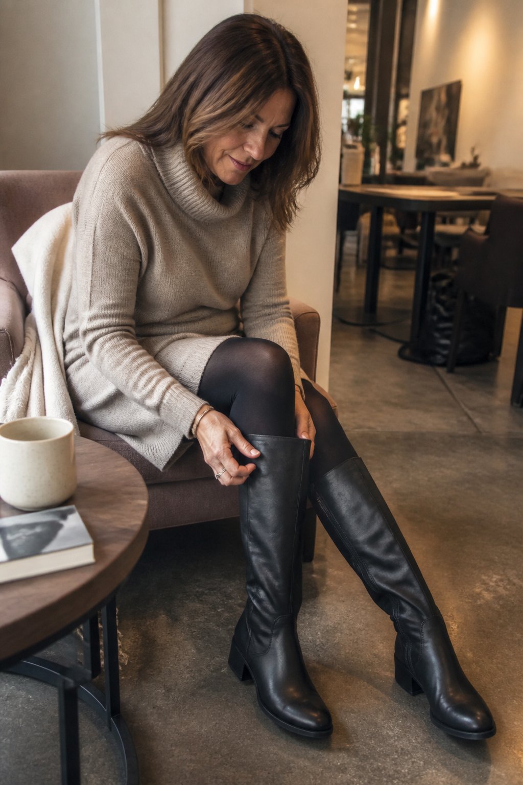 A woman over 40 wearing a cashmere sweater dress, opaque tights, and knee-high boots, sitting casually in a softly lit room with natural daylight.