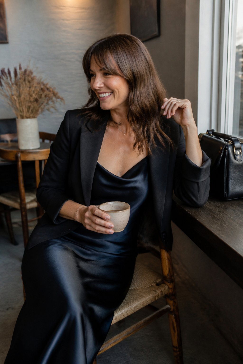 A woman over 40 wearing a satin slip dress and cropped blazer in a softly lit indoor setting with natural daylight and casual surroundings.