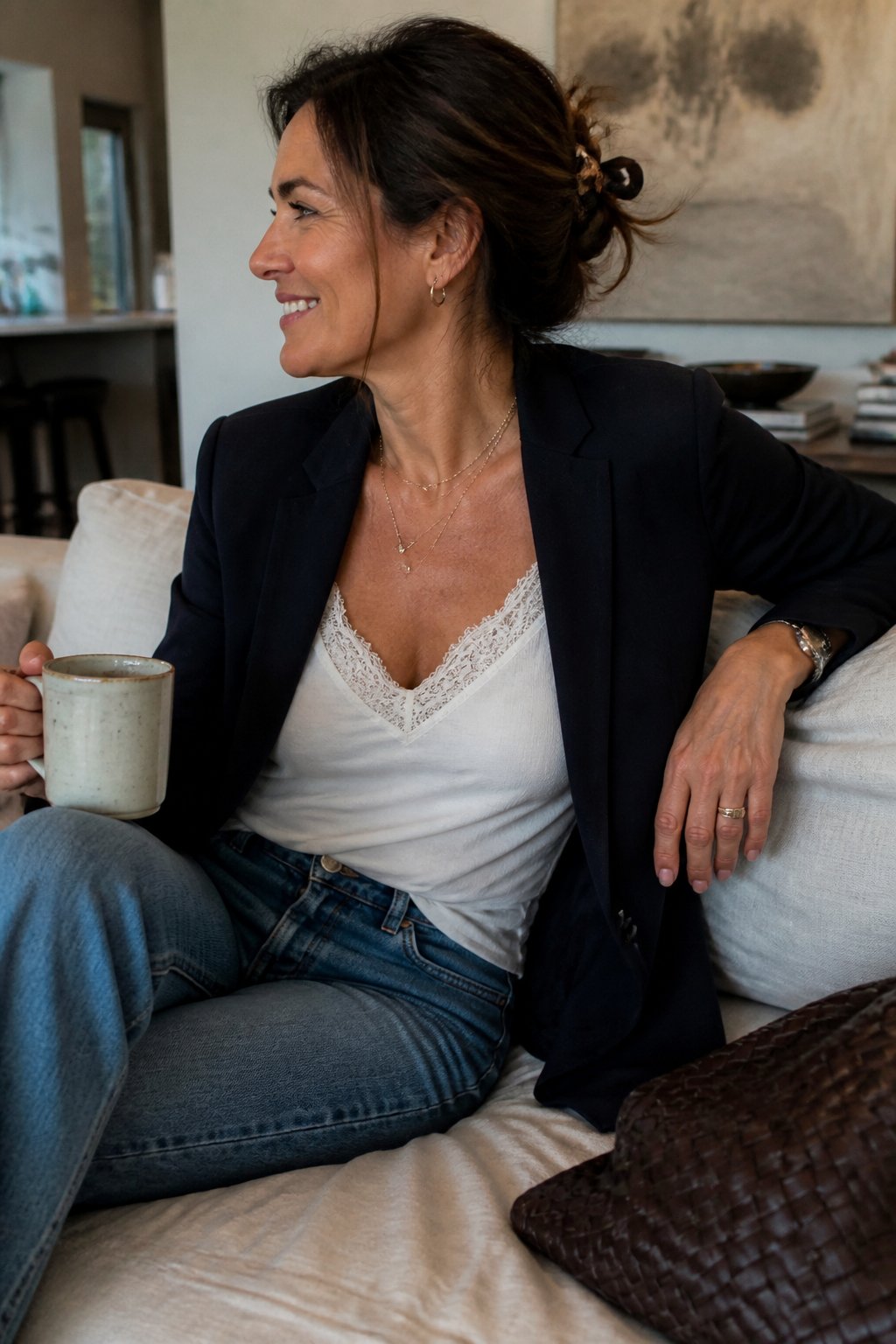 A woman wearing a structured blazer over a lace camisole and straight-leg jeans, standing casually in soft natural daylight with everyday objects around her.