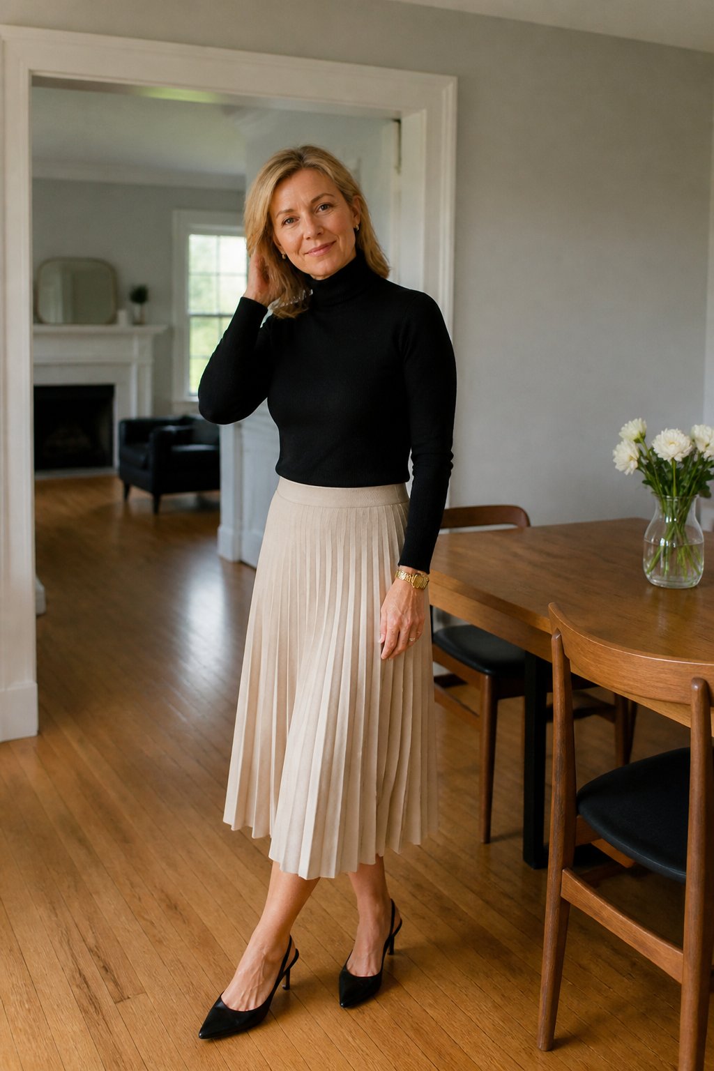 A woman wearing a pleated midi skirt, fitted turtleneck, and slingback heels stands casually near a wooden chair and table with a small vase of flowers.