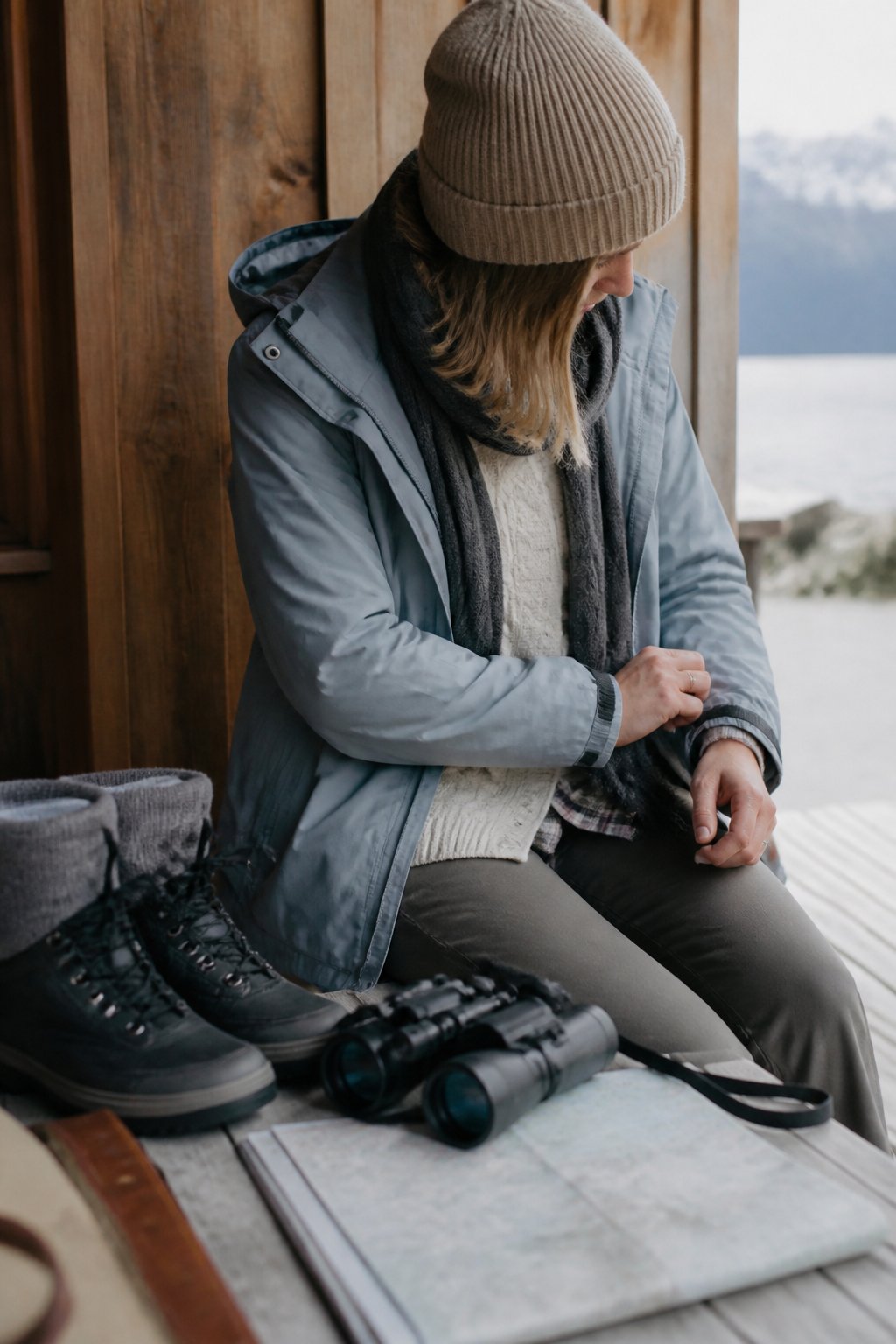 A casual scene showing layered clothing and accessories for an Alaskan cruise in July, including a knit sweater, waterproof jacket, beanie, scarf, boots, and hands adjusting a jacket sleeve near travel items on a wooden surface.