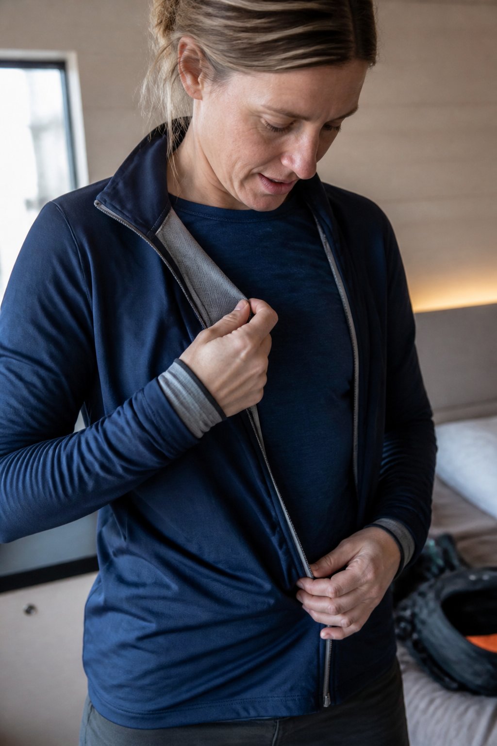 A person wearing layered moisture-wicking base layers prepares for an Alaskan cruise in July, surrounded by travel gear in natural daylight.