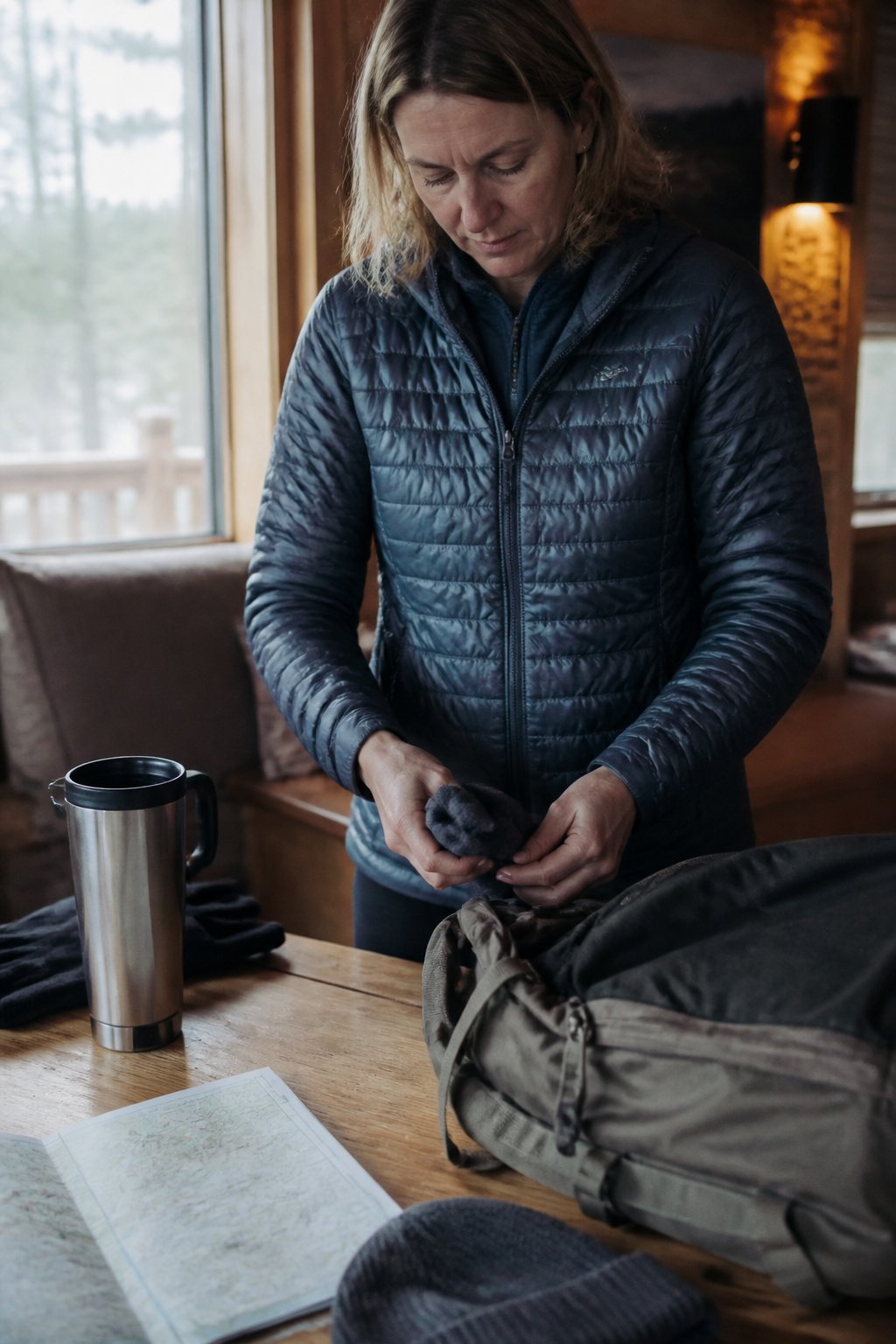 Person wearing a lightweight insulated jacket indoors, preparing travel gear on a wooden table with natural daylight coming through a window.