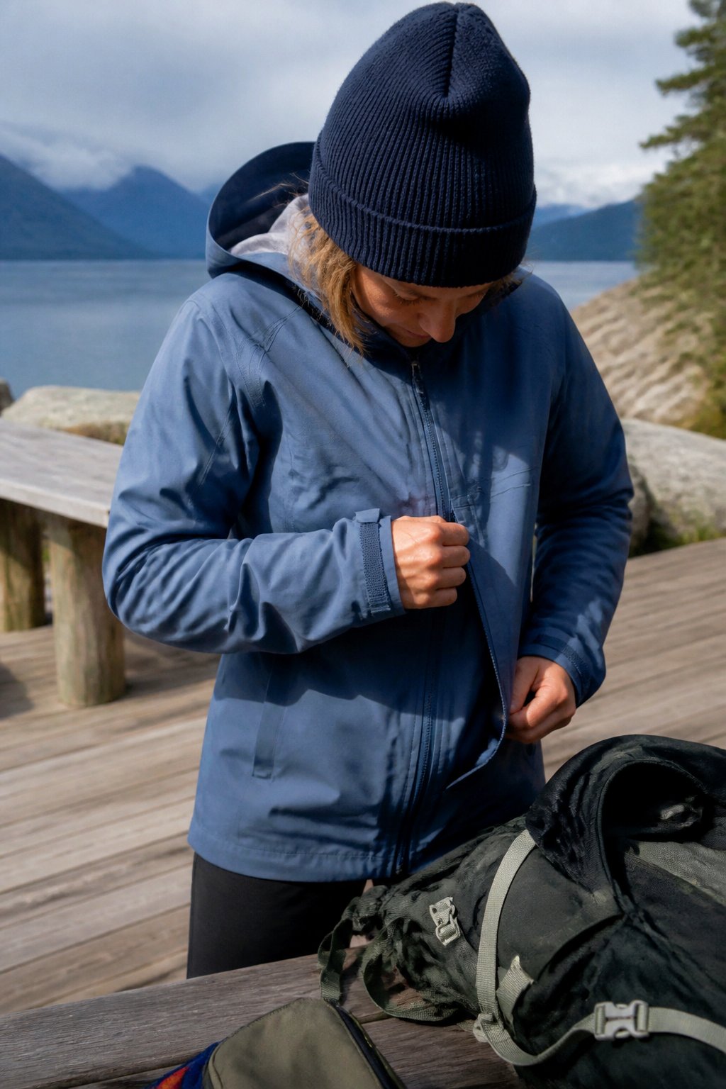 Person wearing a waterproof rain jacket outdoors, adjusting gear on a wooden deck with natural surroundings.