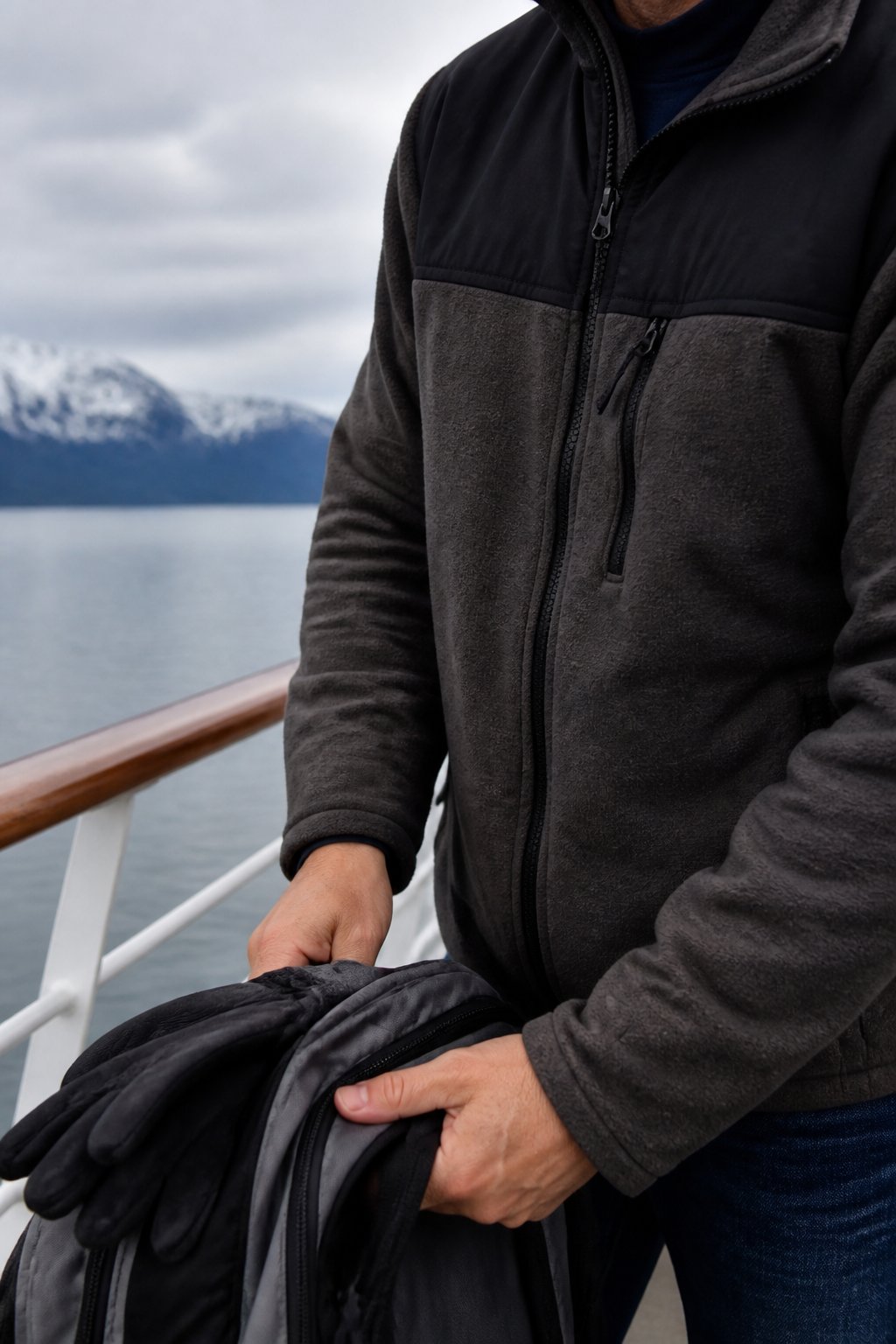 A person wearing a warm midlayer fleece on an Alaskan cruise in July, with natural daylight and casual outdoor items visible.