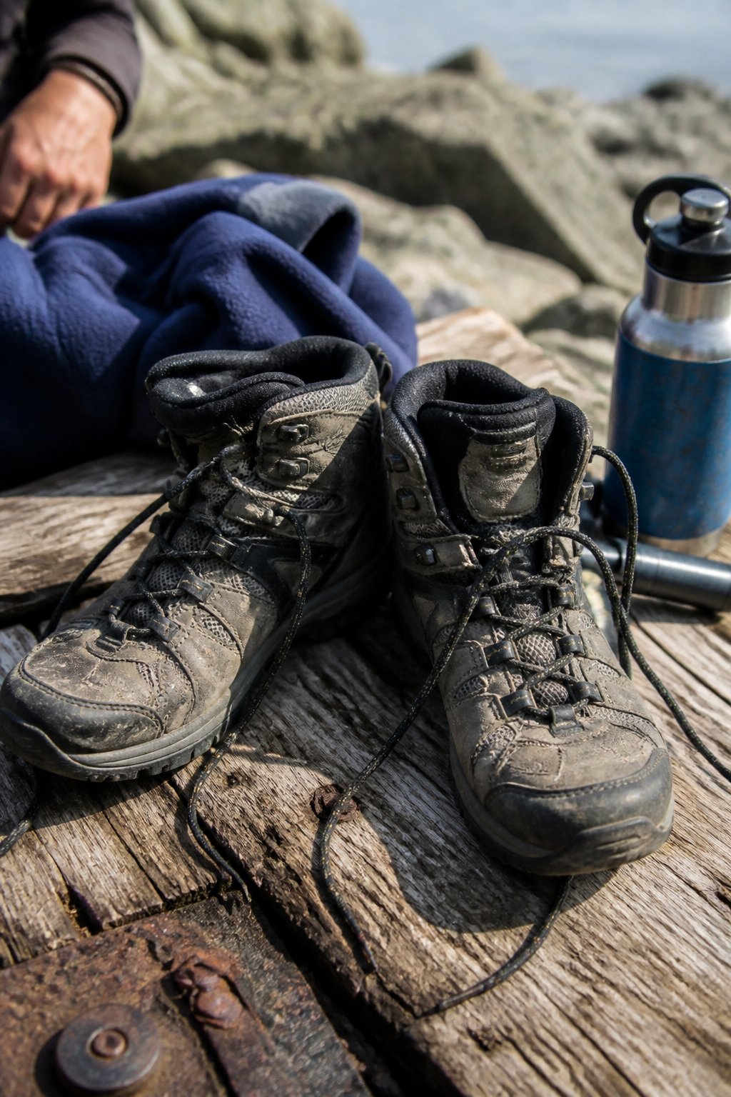 A pair of worn waterproof hiking boots on a wooden surface outdoors, surrounded by casual outdoor gear including a fleece jacket and water bottle.