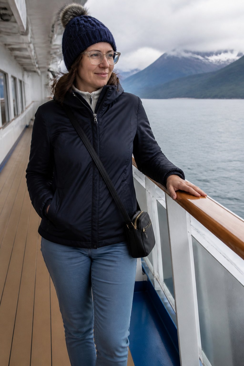 A person wearing casual jeans or stretchy travel pants stands near a cruise ship railing with a view of the sea in soft daylight.