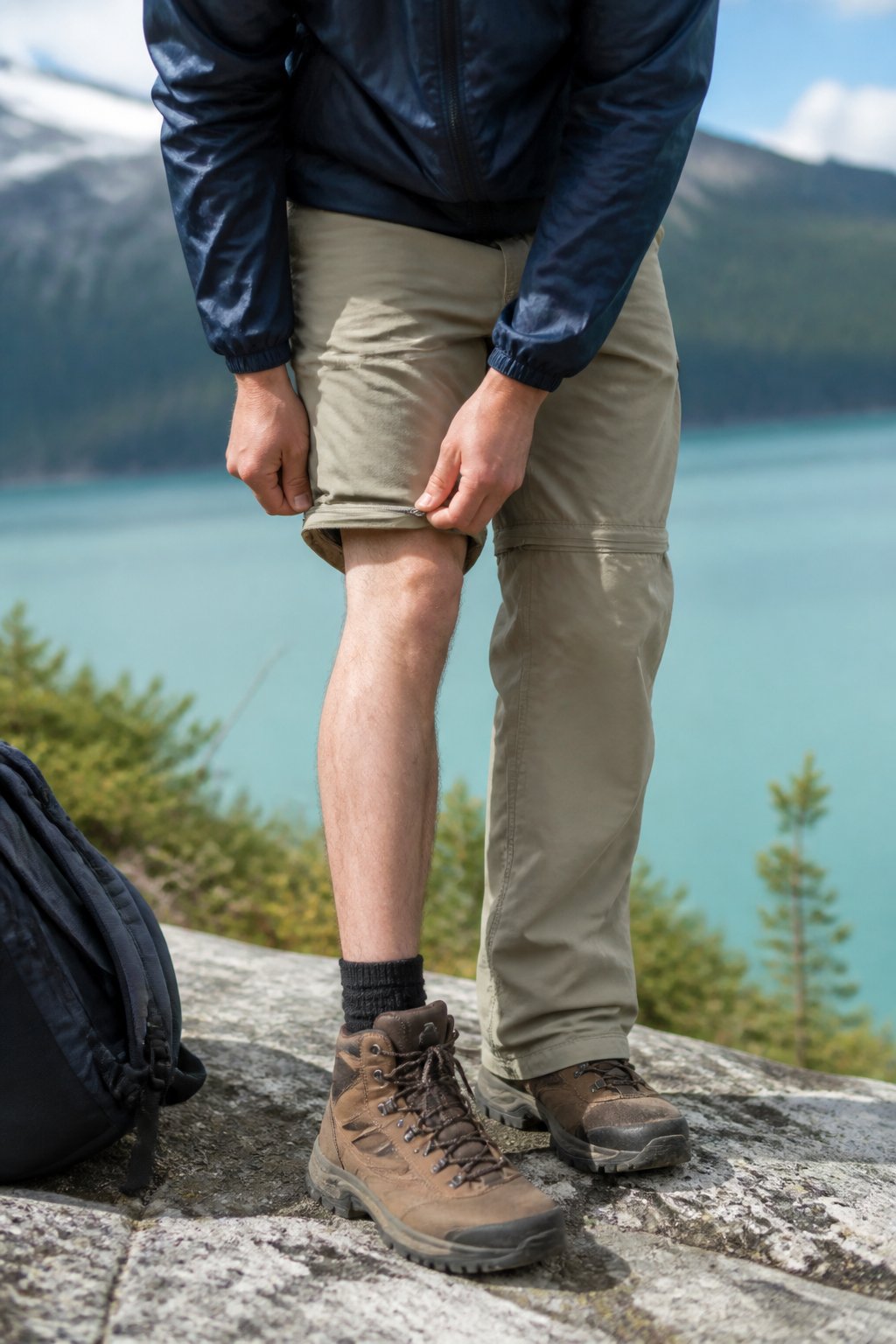 Person outdoors wearing quick-dry convertible hiking pants with zip-off legs, standing near hiking gear in soft daylight.