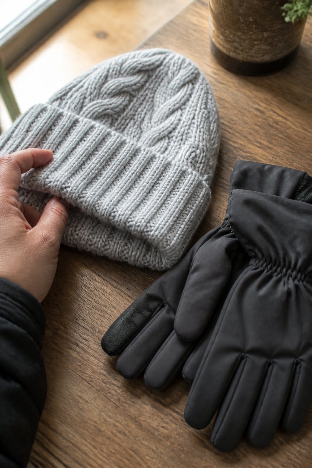 A warm knitted hat and insulated touchscreen gloves resting on a wooden surface with a hand adjusting the hat.