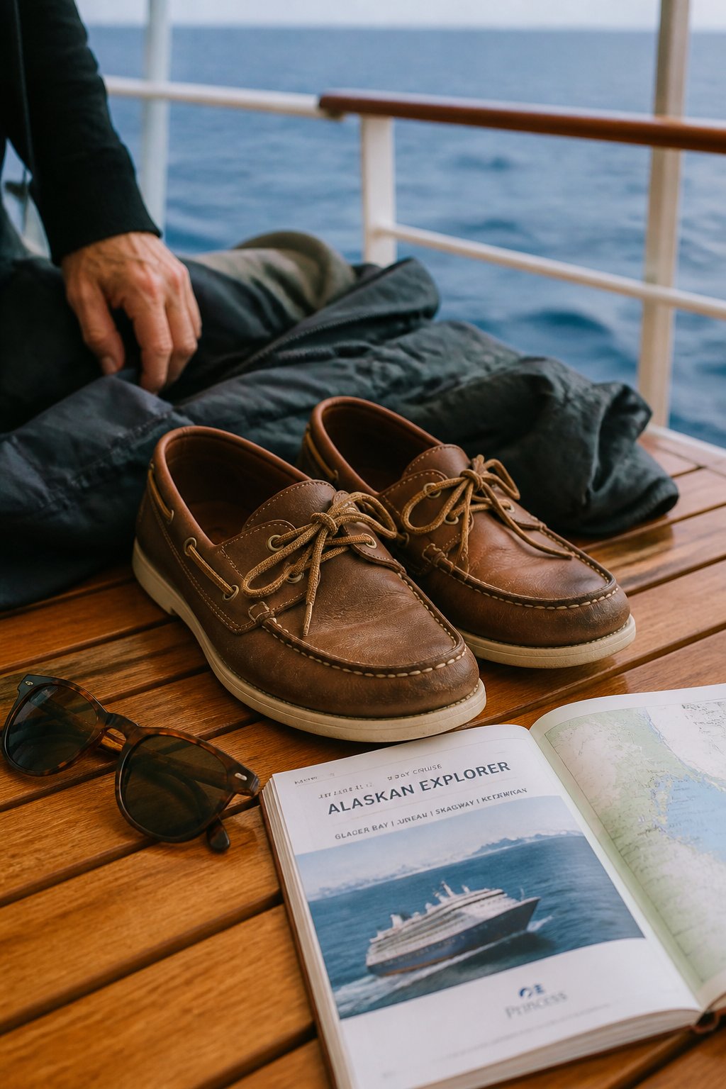 A pair of worn but clean boat shoes on a wooden deck with a jacket, sunglasses, and a map nearby, overlooking a blurred ocean view.